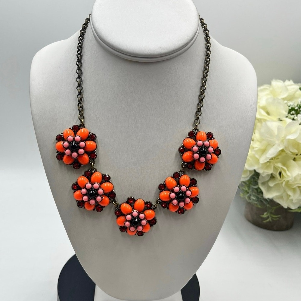 J. Crew Vintage Orange Red Pink Stacked Floral Rhinestone Statement Necklace